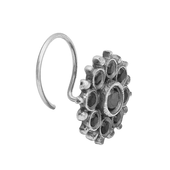 Floral Cluster Black Stone Nose Pin - Sterling Silver