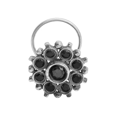 Floral Cluster Black Stone Nose Pin - Sterling Silver