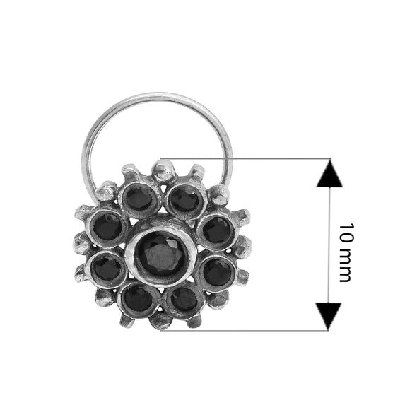 Floral Cluster Black Stone Nose Pin - Sterling Silver