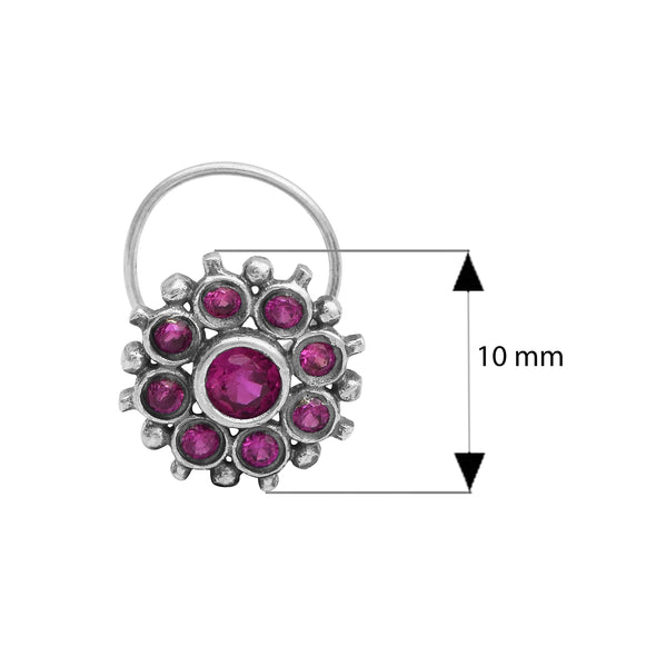 Floral Cluster Red Stone Nose Pin - Sterling Silver