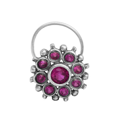 Floral Cluster Red Stone Nose Pin - Sterling Silver