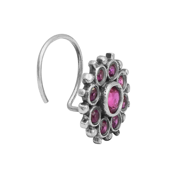 Floral Cluster Red Stone Nose Pin - Sterling Silver