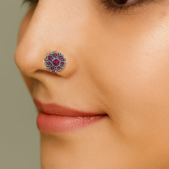Floral Cluster Red Stone Nose Pin - Sterling Silver