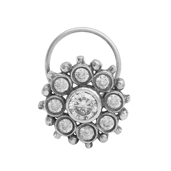 Floral Cluster Clear Stone Nose Pin - Sterling Silver