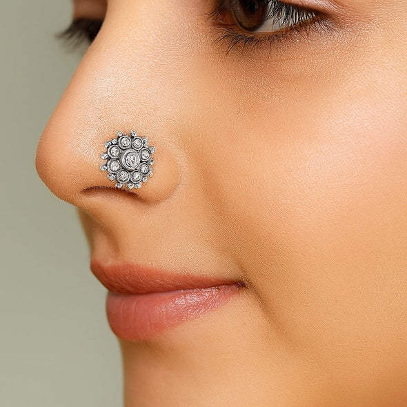 Floral Cluster Clear Stone Nose Pin - Sterling Silver
