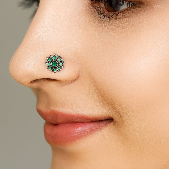 Floral Cluster Green Stone Nose Pin - Sterling Silver