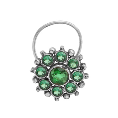 Floral Cluster Green Stone Nose Pin - Sterling Silver