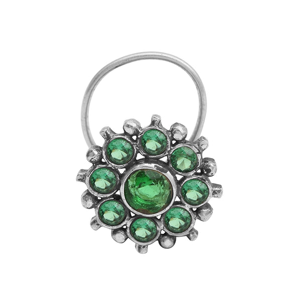 Floral Cluster Green Stone Nose Pin - Sterling Silver