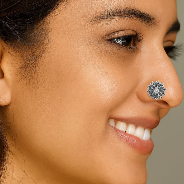 Hoop Design Clear Stone Floral Nose Pin - Sterling Silver