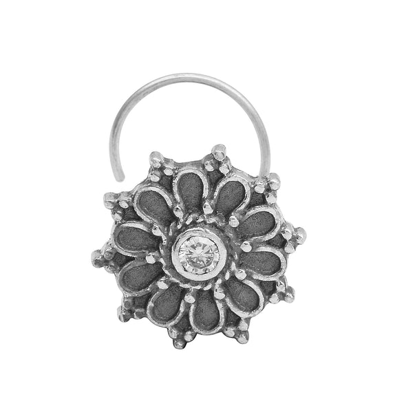 Hoop Design Clear Stone Floral Nose Pin - Sterling Silver