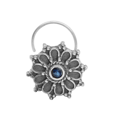 Hoop Design Blue Stone Floral Nose Pin - Sterling Silver