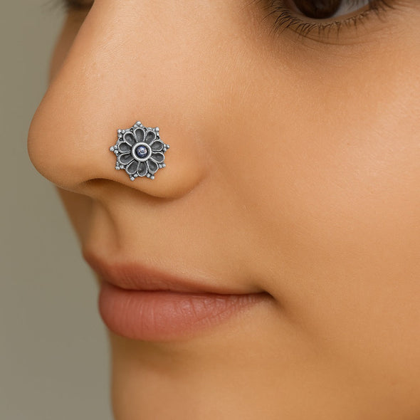 Hoop Design Blue Stone Floral Nose Pin - Sterling Silver