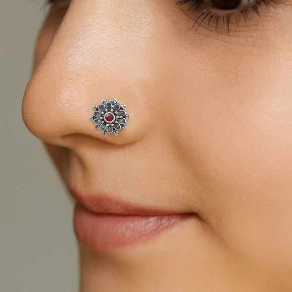 Hoop Design Red Stone Floral Nose Pin - Sterling Silver