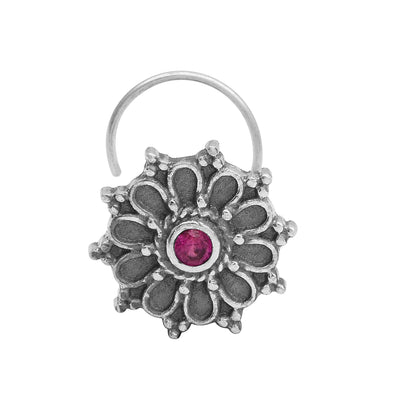 Hoop Design Red Stone Floral Nose Pin - Sterling Silver