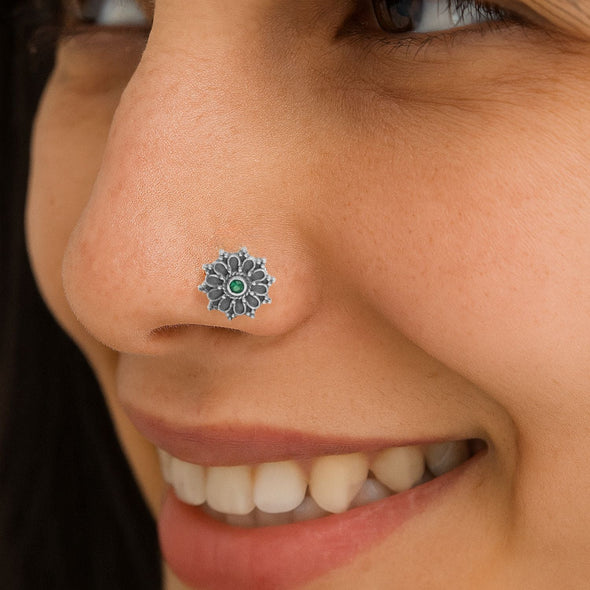 Hoop Design Green Stone Floral Nose Pin - Sterling Silver