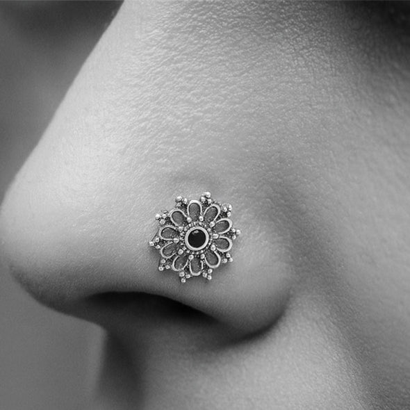Hoop Design Black Stone Floral Nose Pin - Sterling Silver