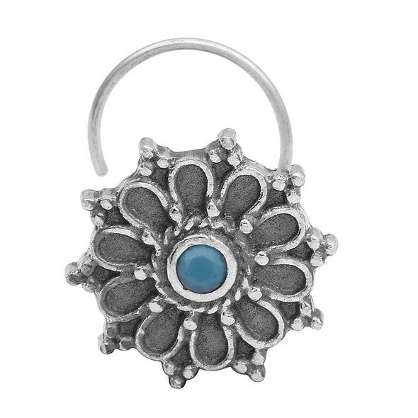 Hoop Design Turquoise Stone Floral Nose Pin - Sterling Silver
