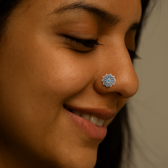 Hoop Design Turquoise Stone Floral Nose Pin - Sterling Silver