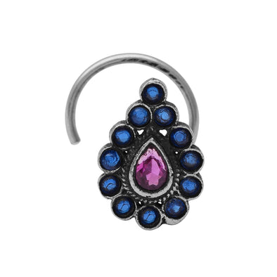 Ethnic Tribal Design Pink & Blue Stones Nose Pin – Sterling Silver