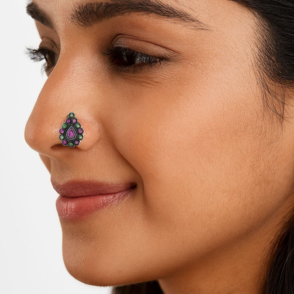 Ethnic Tribal Design Pink Stones Nose Pin – Sterling Silver