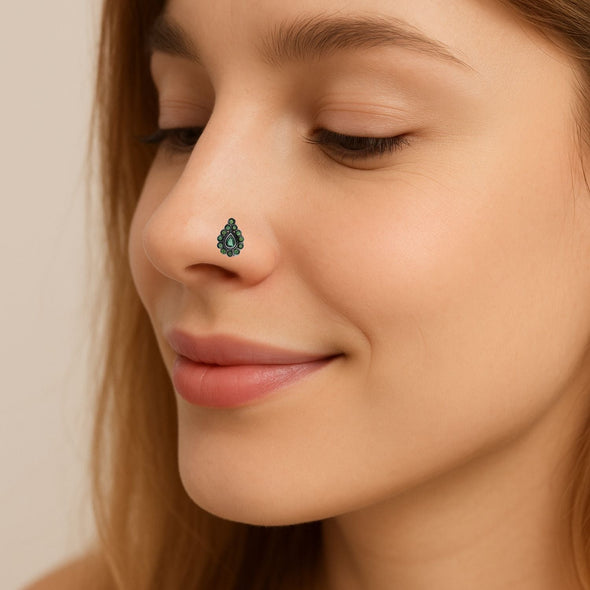 Ethnic Tribal Design Green Stones Nose Pin – Sterling Silver