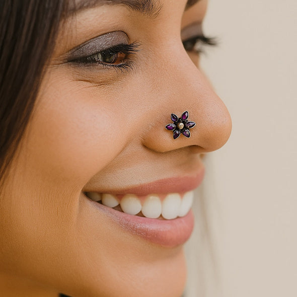 Boho Chic Marquise Pink Stone Nose Pin - Sterling Silver