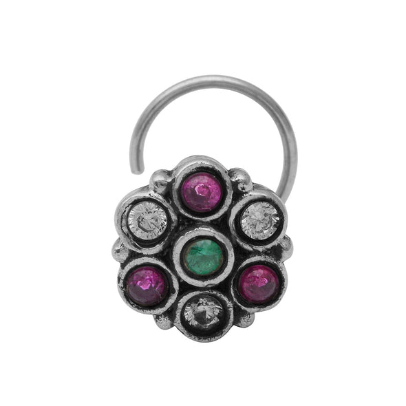 Traditional Navratna Multi-Color Stone Nose Pin - Sterling Silver