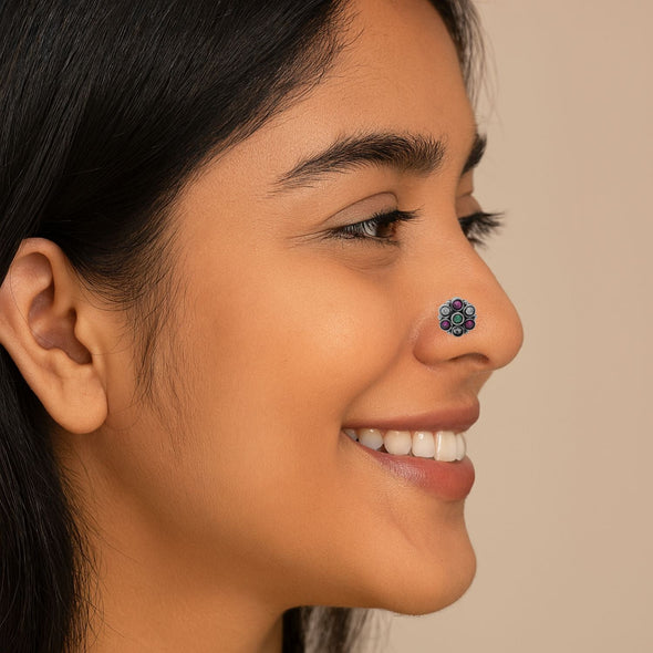 Traditional Navratna Multi-Color Stone Nose Pin - Sterling Silver