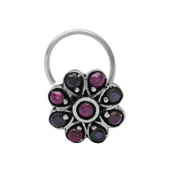 Traditional Navratna Multi-Color Stone Nose Pin - Sterling Silver