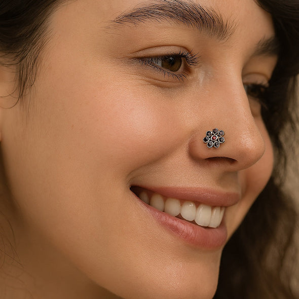 Traditional Navratna Multi-Color Stone Nose Pin - Sterling Silver