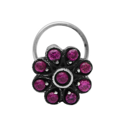 Traditional Navratna Pink Stone Nose Pin - Sterling Silver
