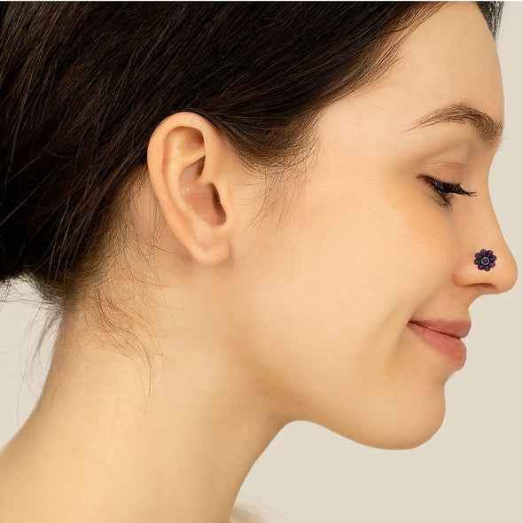 Traditional Navratna Pink Stone Nose Pin - Sterling Silver