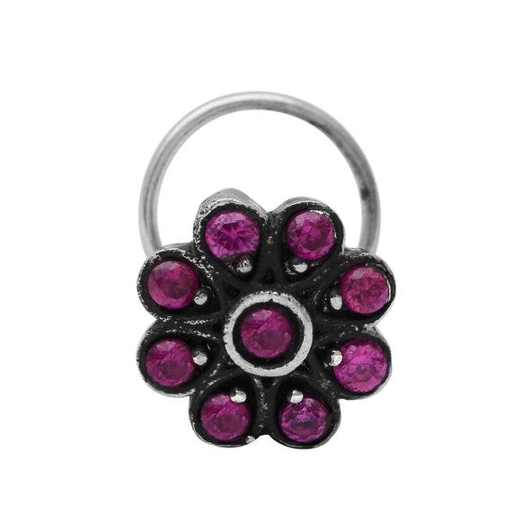 Traditional Navratna Pink Stone Nose Pin - Sterling Silver