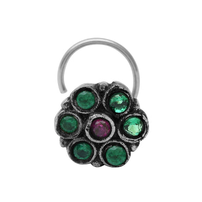 Traditional Navratna Green Stone Nose Pin - Sterling Silver