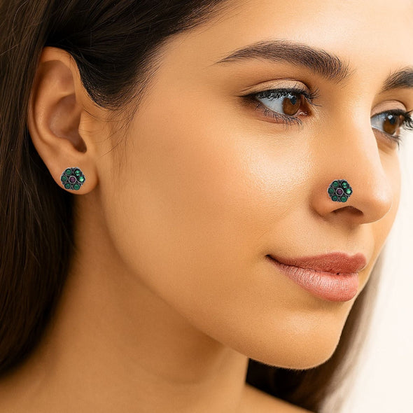 Traditional Navratna Green Stone Nose Pin - Sterling Silver