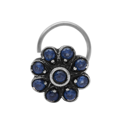 Traditional Navratna Blue Stone Nose Pin - Sterling Silver