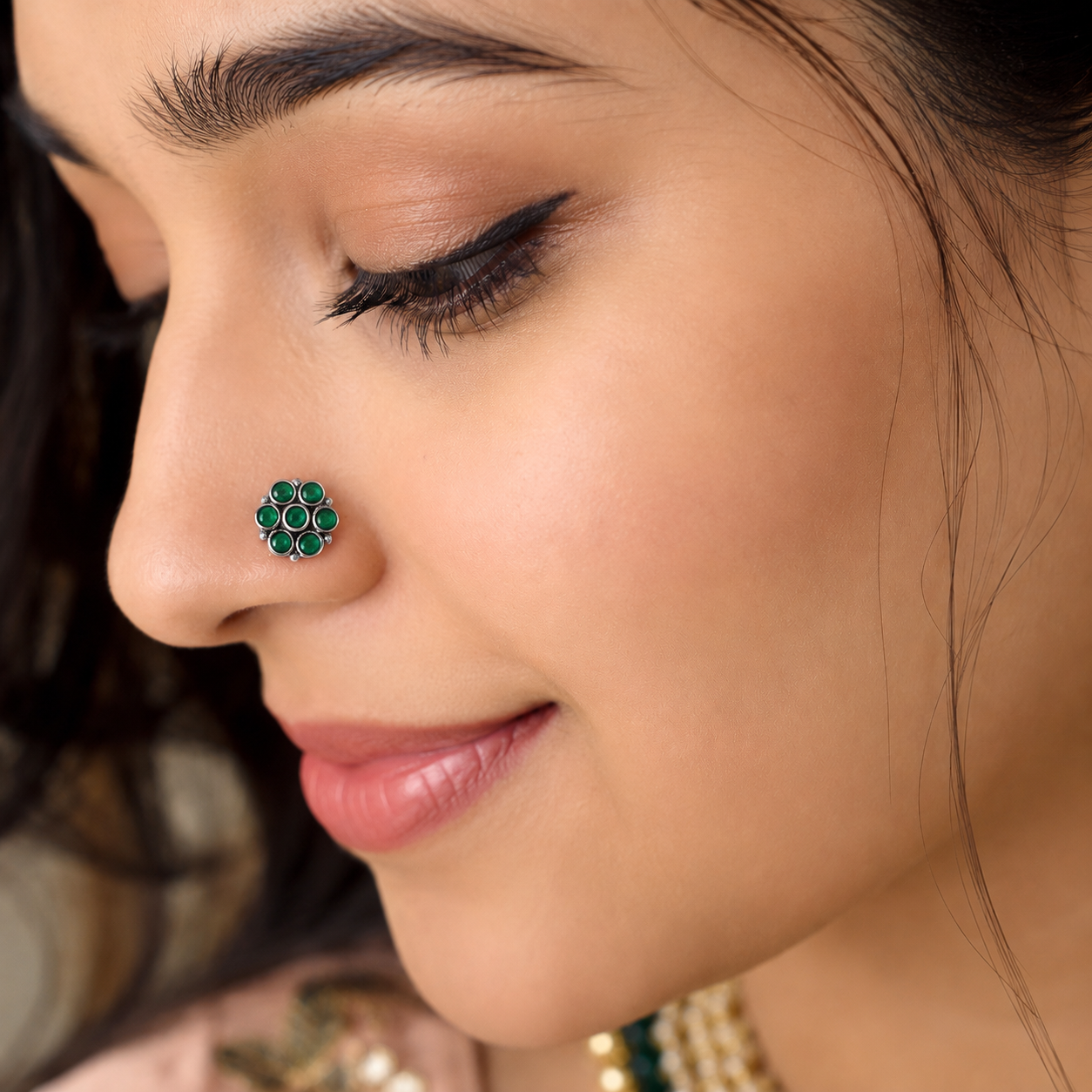 Traditional Navratna Green Stone Nose Pin - Sterling Silver