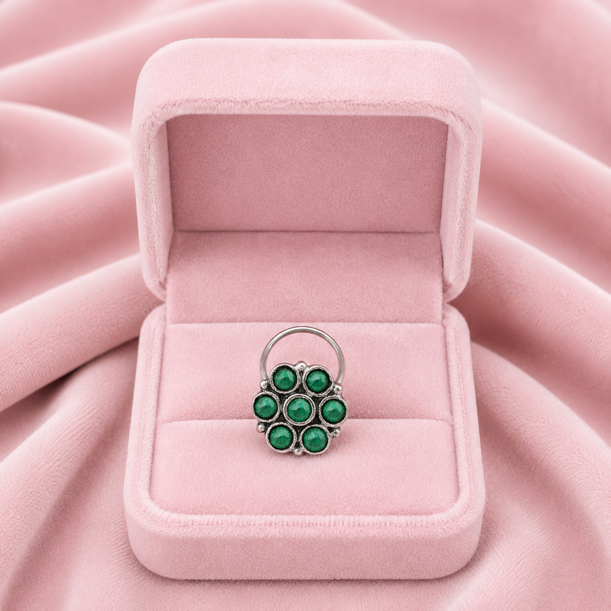 Traditional Navratna Green Stone Nose Pin - Sterling Silver