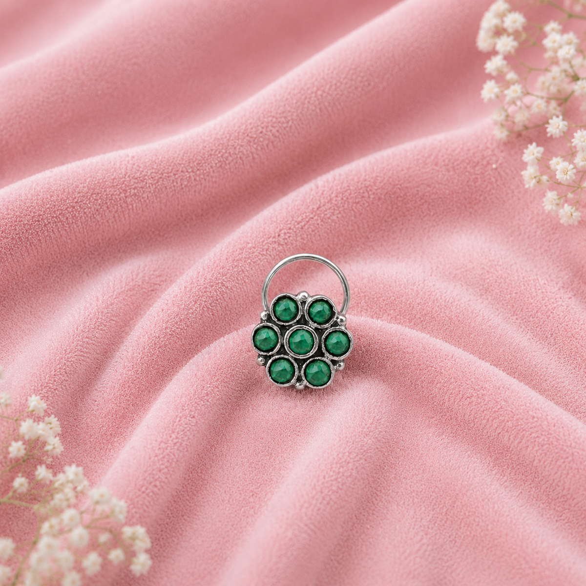Traditional Navratna Green Stone Nose Pin - Sterling Silver