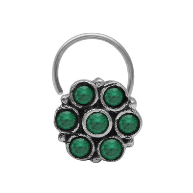 Traditional Navratna Green Stone Nose Pin - Sterling Silver