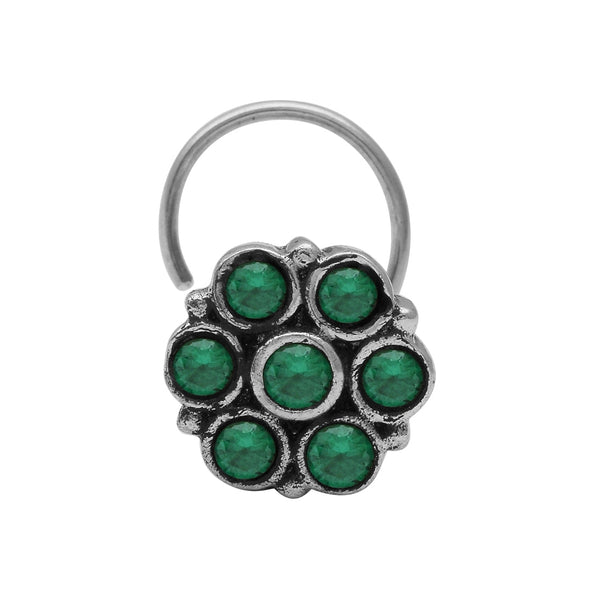 Traditional Navratna Green Stone Nose Pin - Sterling Silver