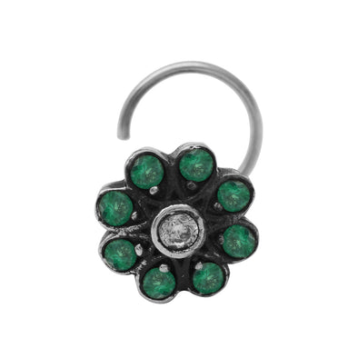 Traditional Navratna Green & White Stone Nose Pin - Sterling Silver