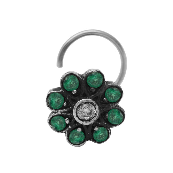 Traditional Navratna Green & White Stone Nose Pin - Sterling Silver