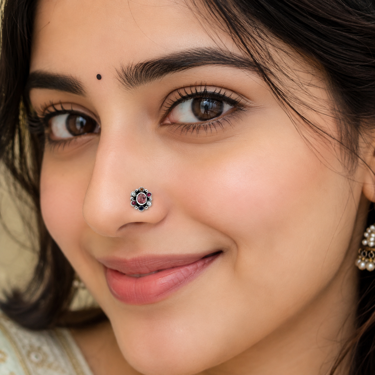 Navratna Oval Pink Nose Pin - Sterling Silver