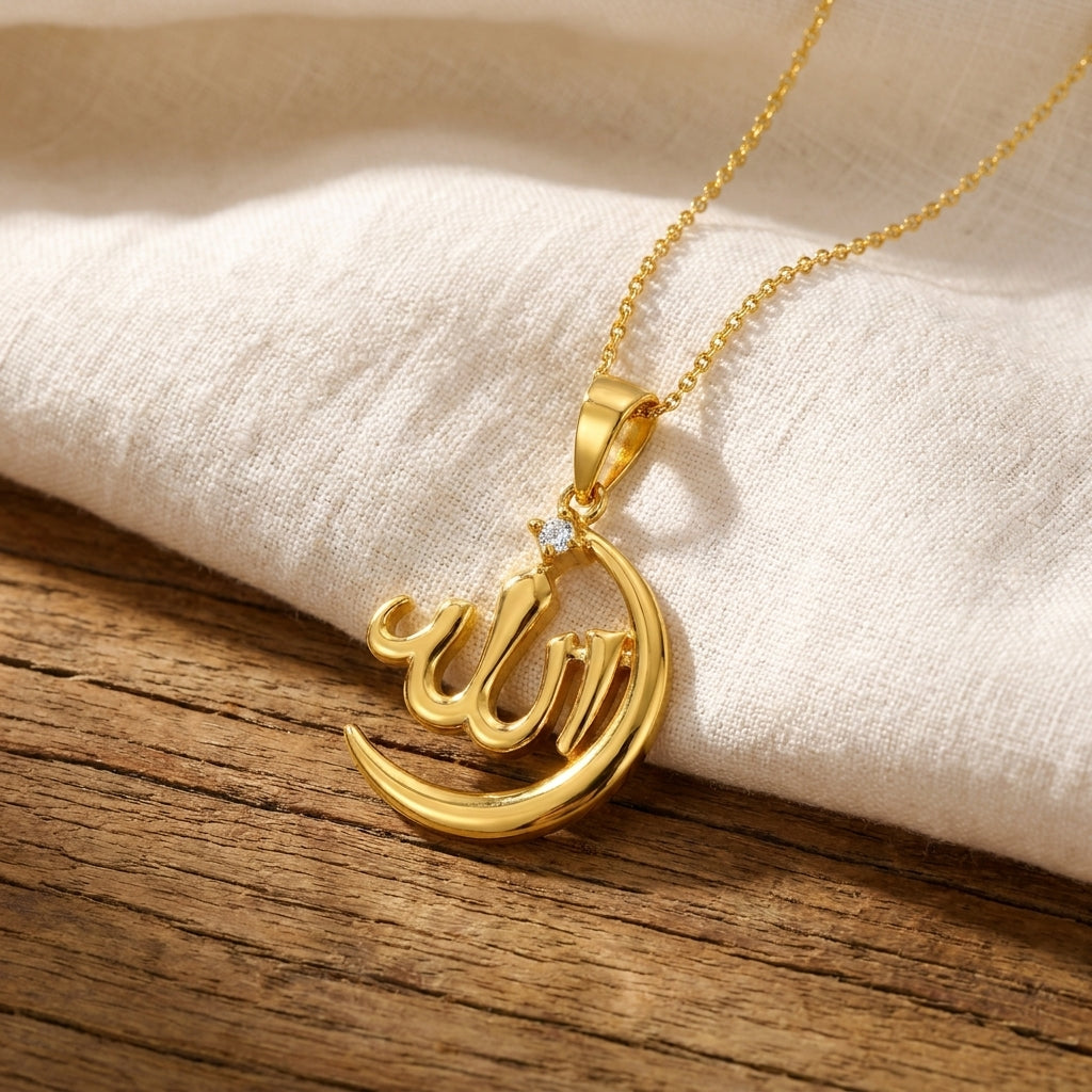 White CZ Allah Crescent Pendant - Sterling Silver