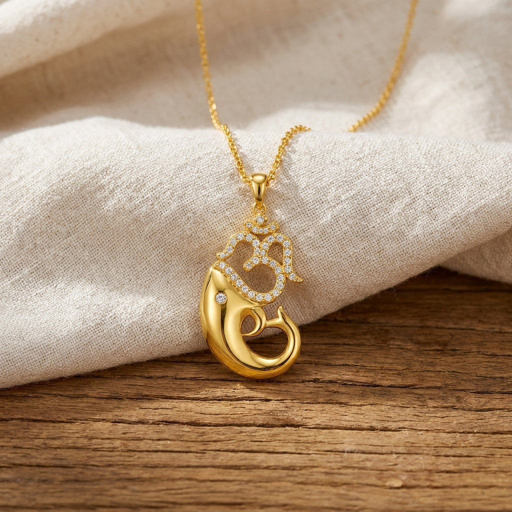White CZ Om Dolphin Pendant - Sterling Silver