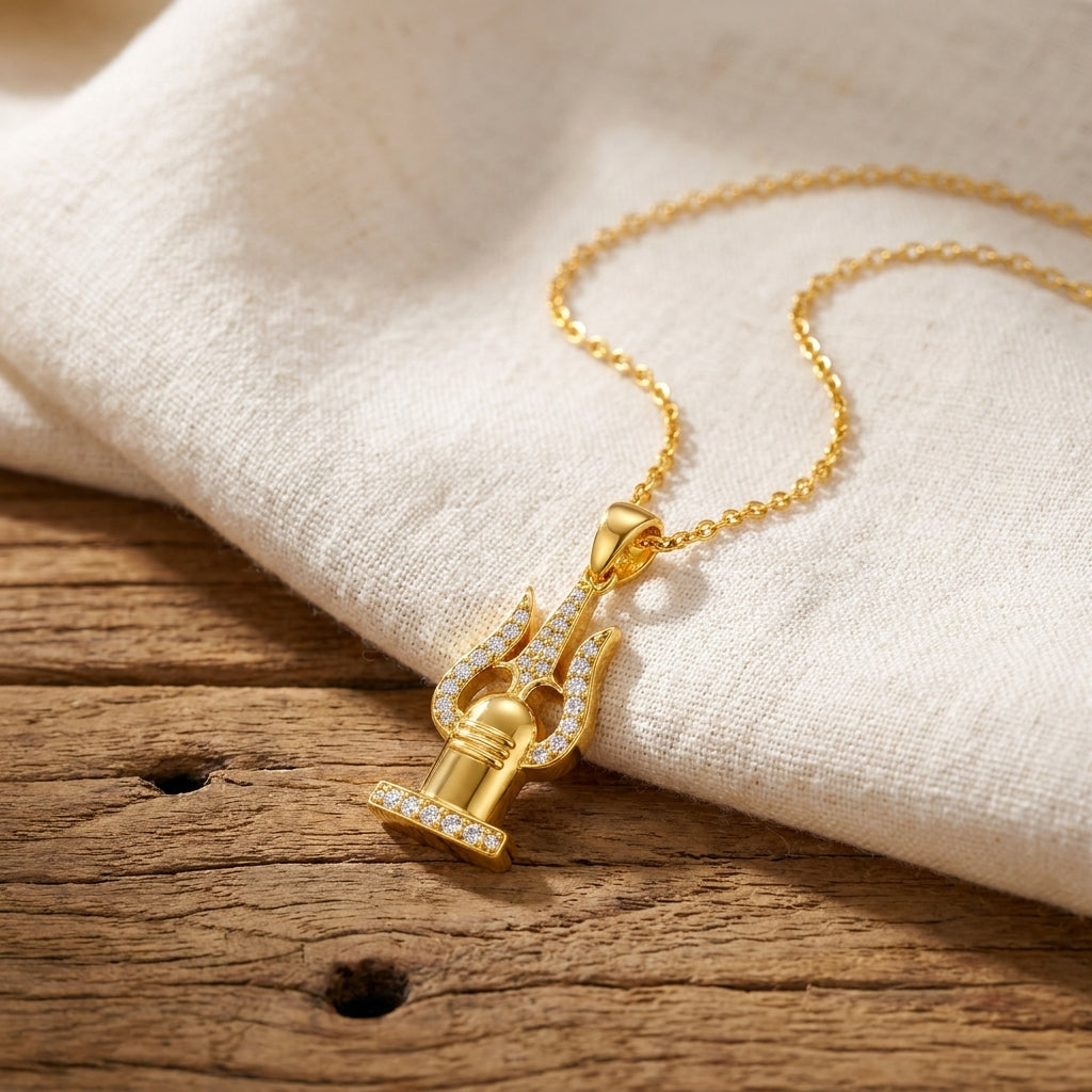 White CZ Shivling Trishul Pendant - Sterling Silver