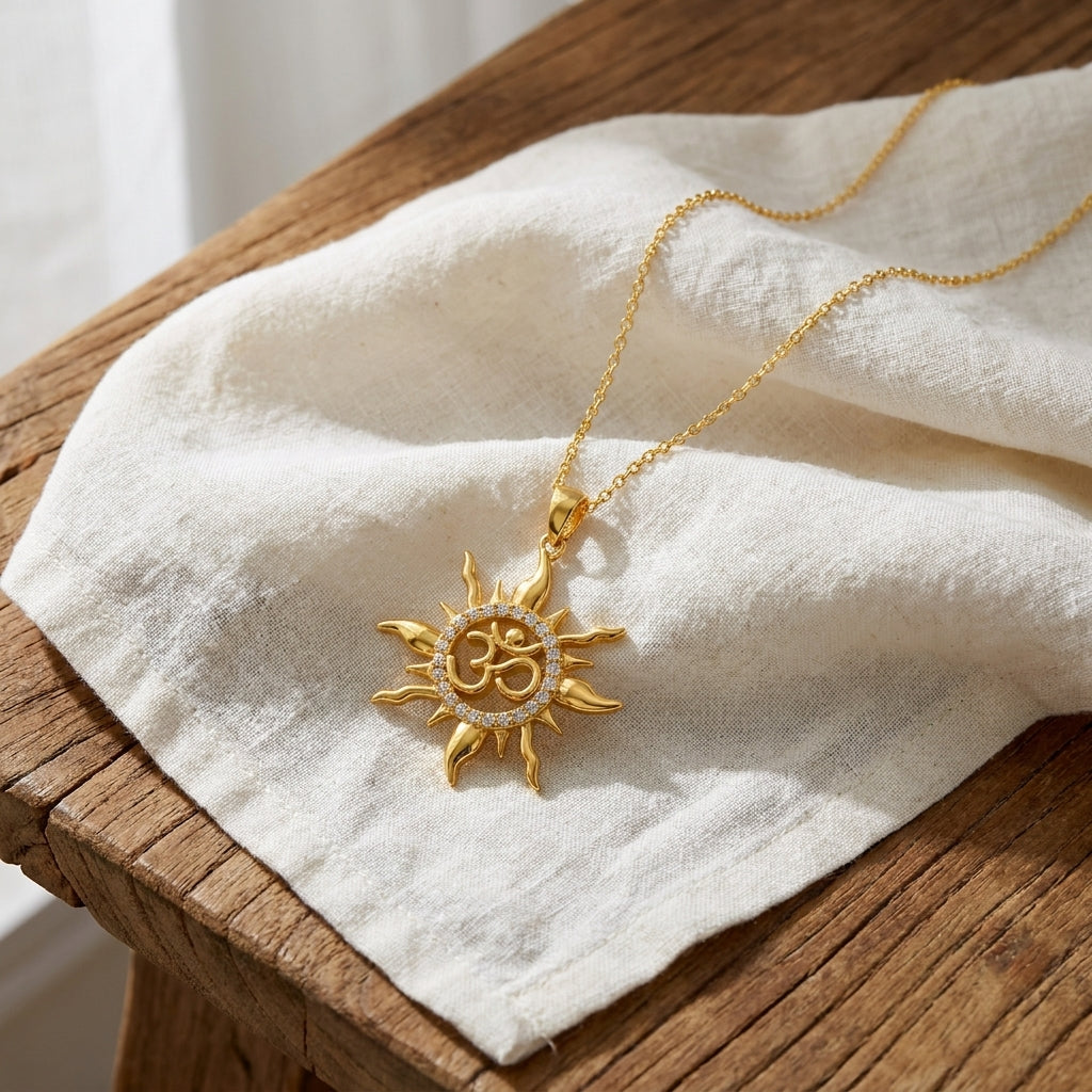 White CZ Sun Om Pendant Radiant Spiritual Charm - Sterling Silver