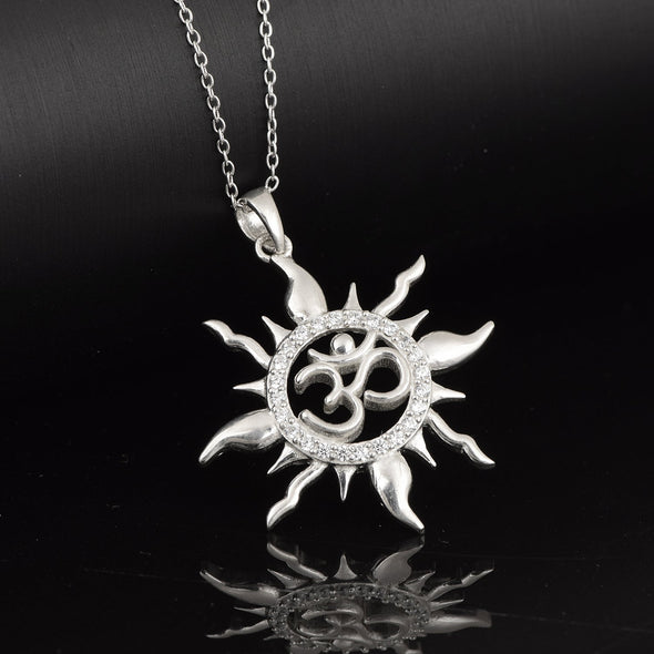 White CZ Sun Om Pendant Radiant Spiritual Charm - Sterling Silver