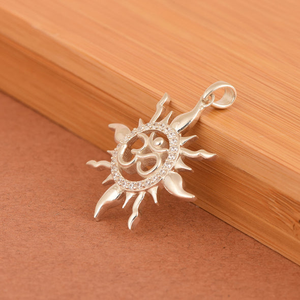 White CZ Sun Om Pendant Radiant Spiritual Charm - Sterling Silver